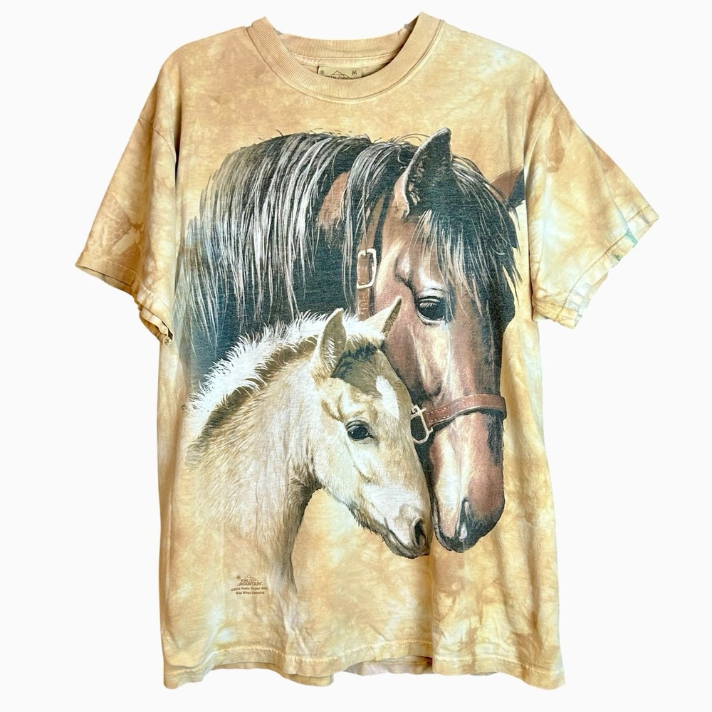 Vtg 90s Y2K THE MOUNTAIN TIE-DYE T-Shirt HORSES Nature M 100% Cotton Cowboy